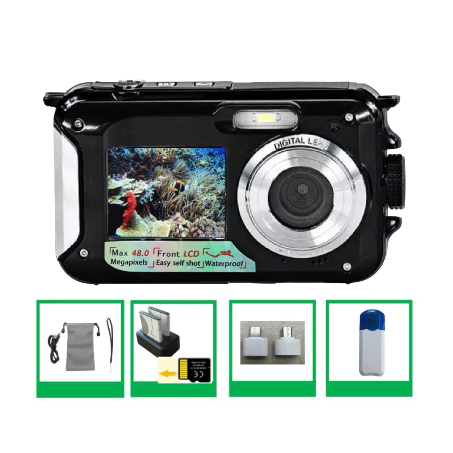Англоязычная версия подводной камера Full HD 2.7K 48MP, водонепроницаемая для снорклинга с двойным экраном, цифровая камера B368