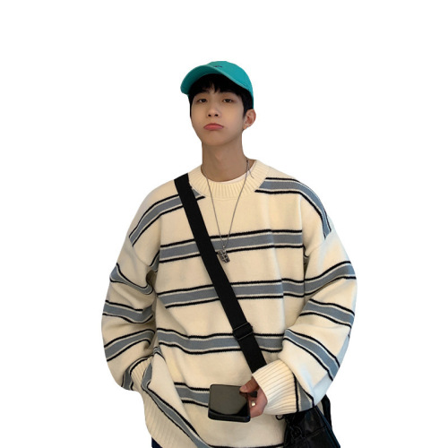 Stylish Striped Sweater for Men - Autumn/Winter Trend Hooded Knitwear with Hong Kong Style Loose Fit, Versatile and Casual Long-Sleeve Linen Shirt