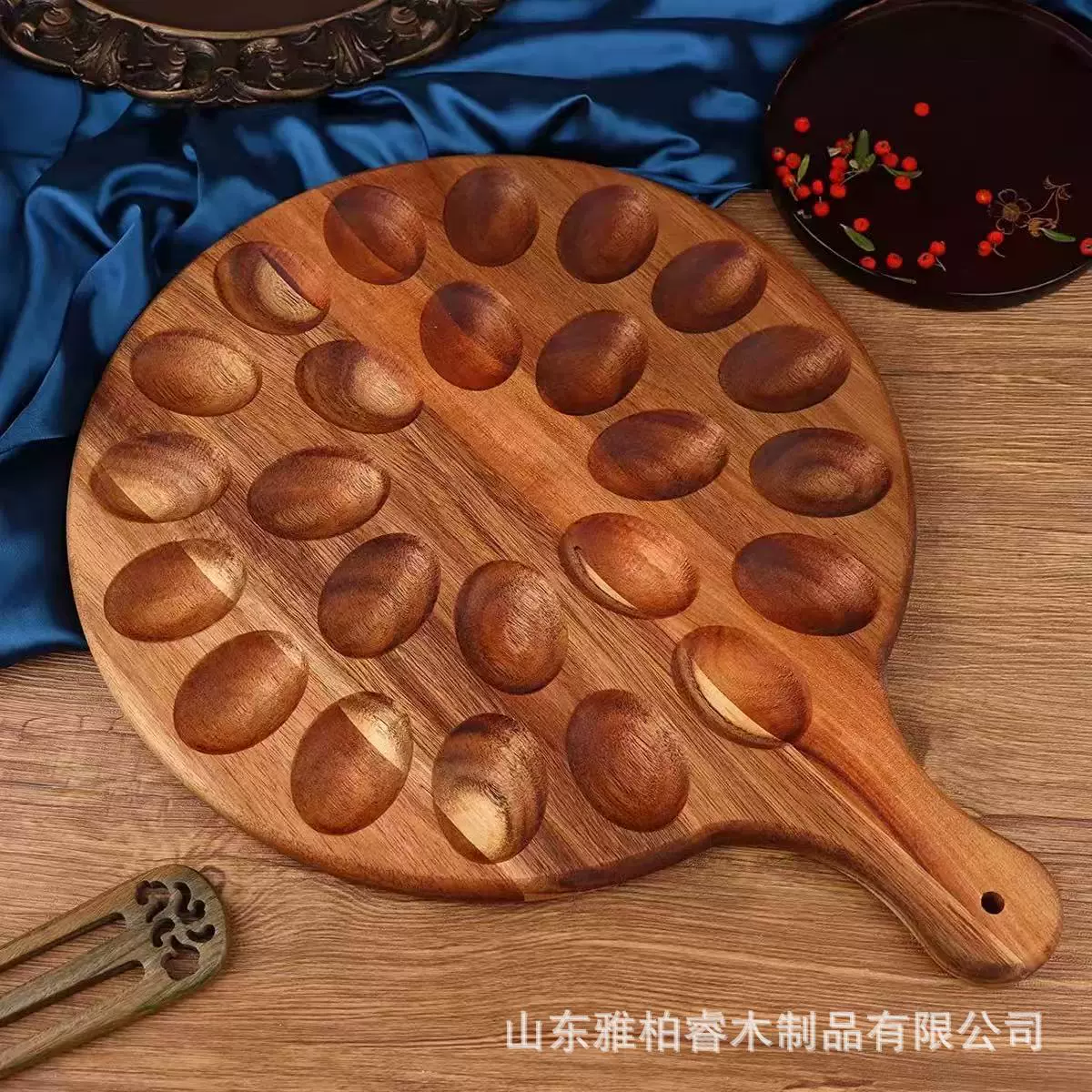 木质分格固定鸡蛋架带把手创意实木多格厨房存放鸡蛋托展示托盘