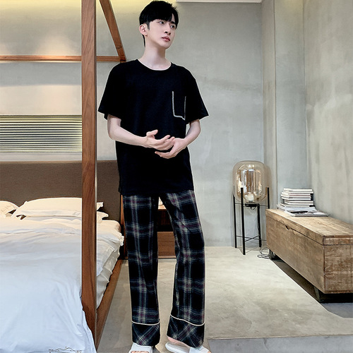 Men's Summer Short Sleeve Long Pants Simple Home Clothes Thin Cotton Men's Plus Size Youth Student Casual Pajamas