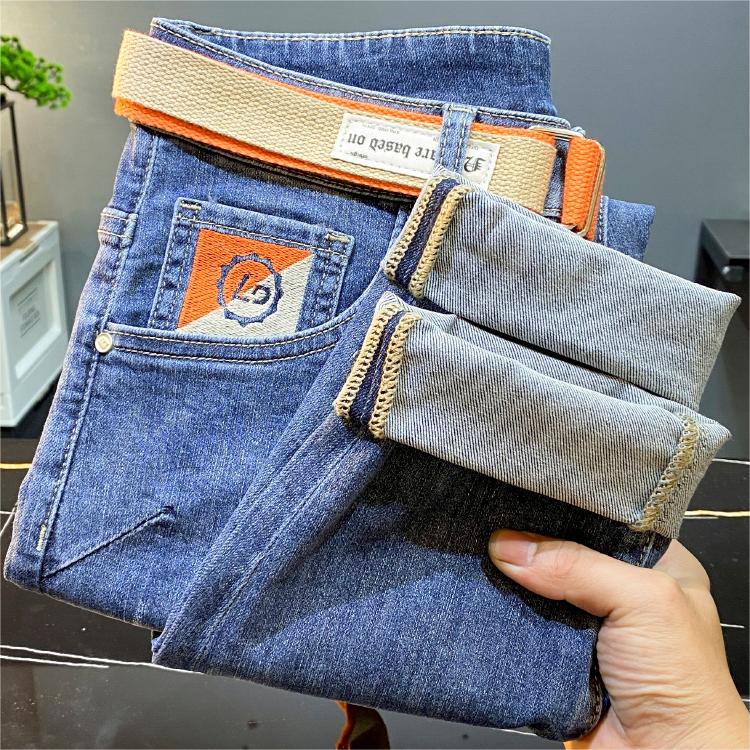2024 new light blue cropped jeans for men in spring, slightly loose slim fit, small ankle belt, casual long pants_voghion.com