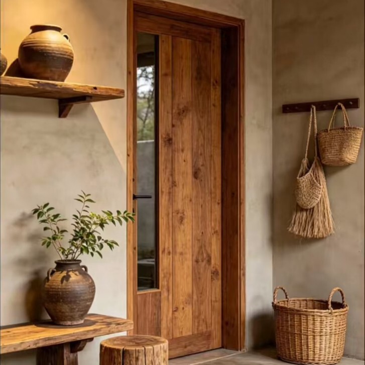 Rustic old elm wood swing door for homestay, vintage interior door, solid wood glass panel door, distressed old wood panel door