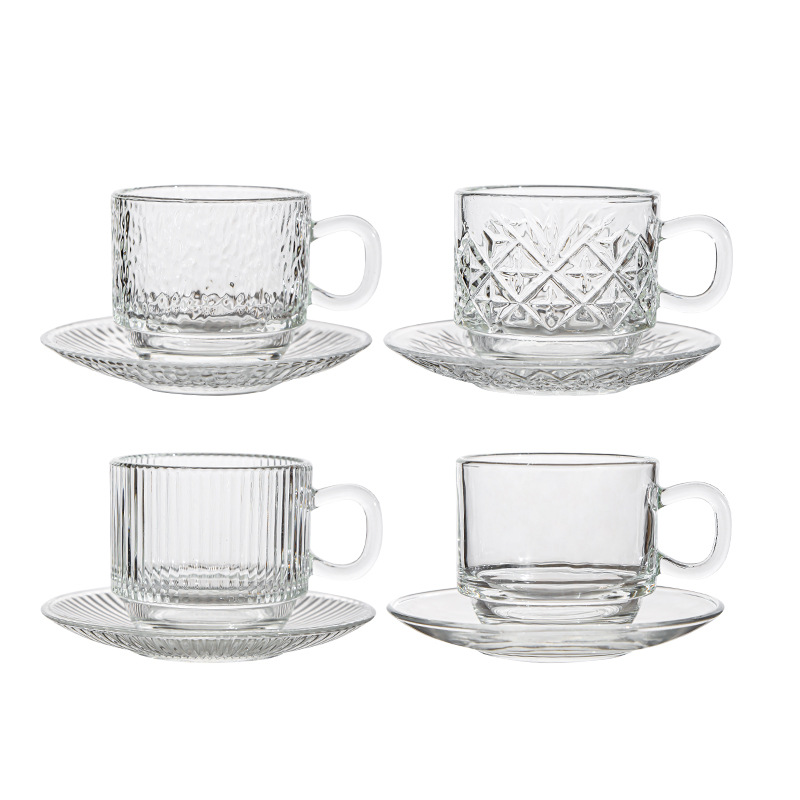 Taza de café americana transfronteriza de alto valor Taza de vidrio Diseño de plato Té de la tarde de sentido avanzado Taza de vidrio con leche condensado