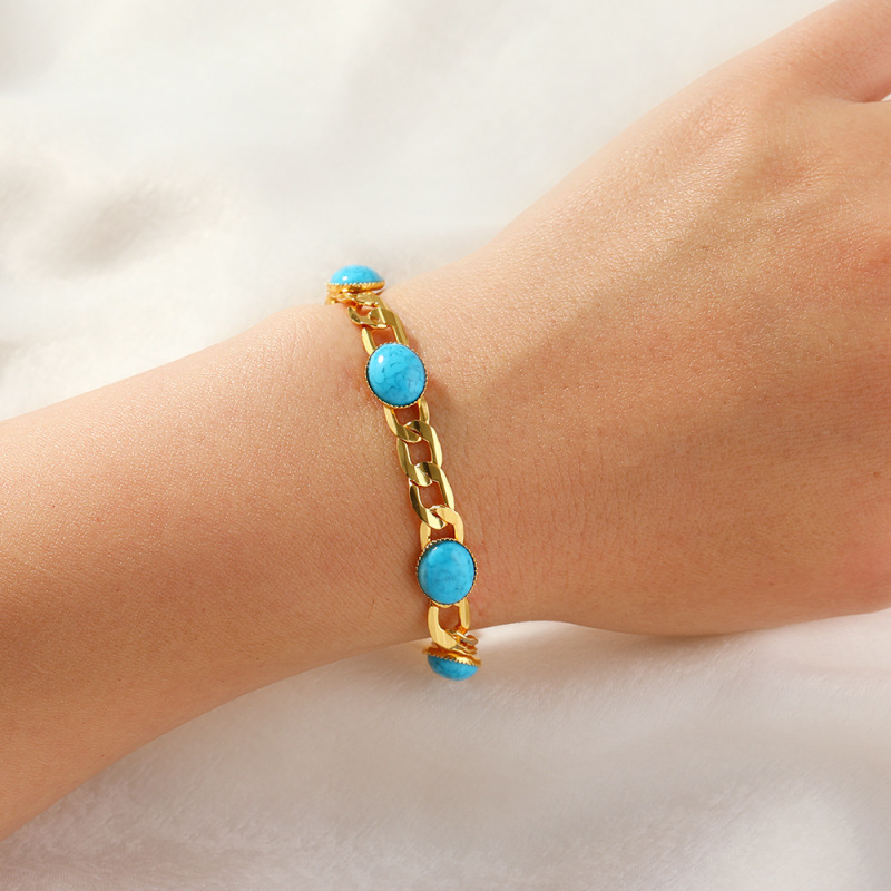 Light Luxury and High-End Gold Chain Blue Turquoise Bracelet for Women, Niche Design, European and American Style Fashion Jewelry, Cross-Border Accessories
