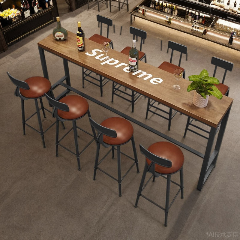 American Solid Wood Bar Table Against the Wall, Long Home Balcony High Table Against the Window, Bar Table, Milk Tea Shop Table and Chair Combination