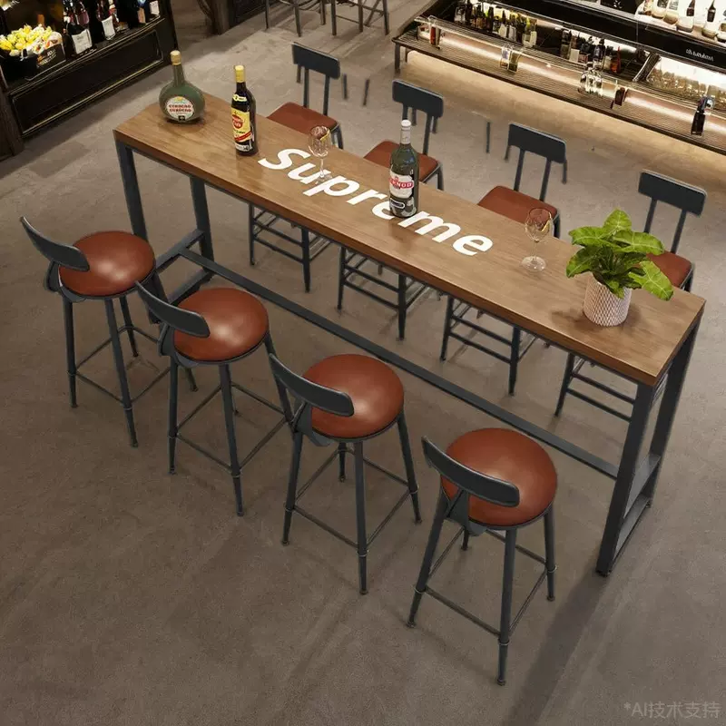 美式实木吧台桌靠墙长条家用阳台高脚桌靠窗酒吧桌奶茶店桌椅组合