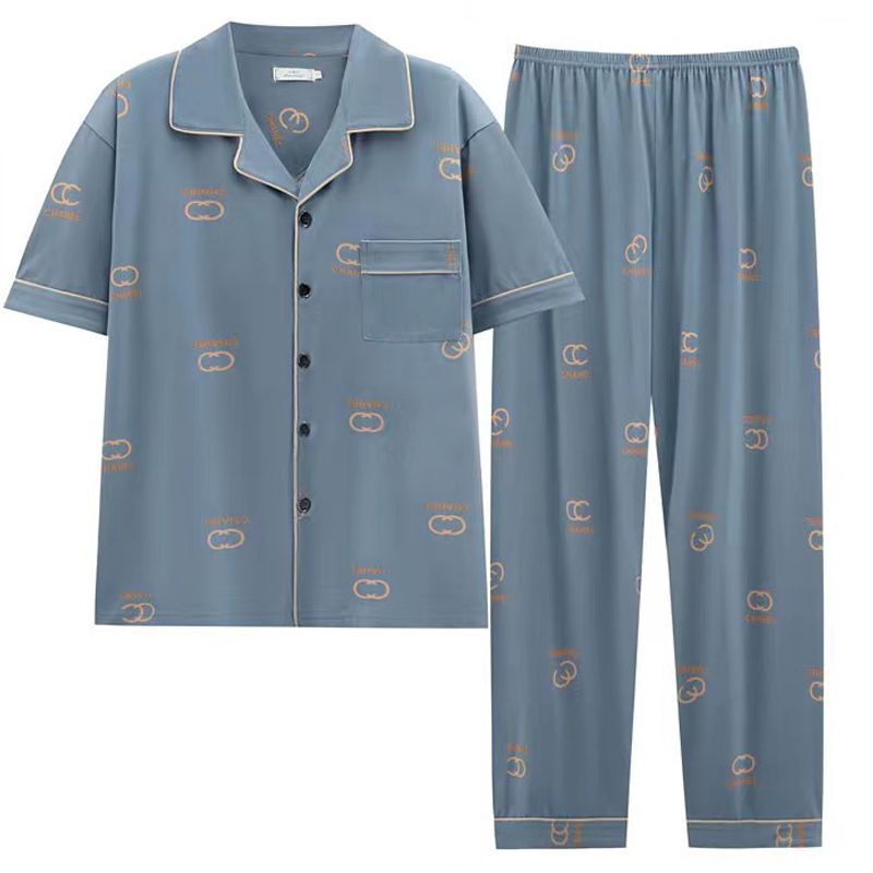 Pijamas de algodón de los hombres de primavera y verano Pantalones delgados de manga corta cardigan niños pueden usar fuera más tamaño homewear de verano