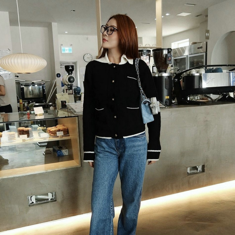 틈새 디자이너 브랜드 EE * K 네이비 칼라 니트 카디건 여성 고감도 대비 단일 브레스트 포켓 스웨터 코트