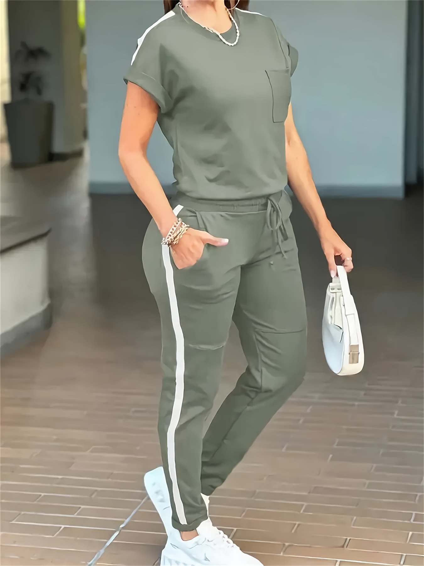 Damen Freizeit-set Kurzarm T-shirt Und Hose Mit Taschen_voghion.com