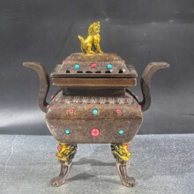 批发仿古铜鎏金龙抬头怀旧四足方鼎镶宝石工艺品摆件熏香炉檀香炉