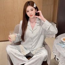 春秋新款纯欲风蝴蝶结印花冰丝睡衣女士吊带短裤性感家居服四件套
