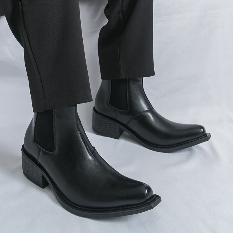 Cross-Border Autumn Large Size High-Heeled Pointed Leather Boots British Style Formal Casual Shoes Heightening Short Boots High-Top Leather Shoes Men's Shoes