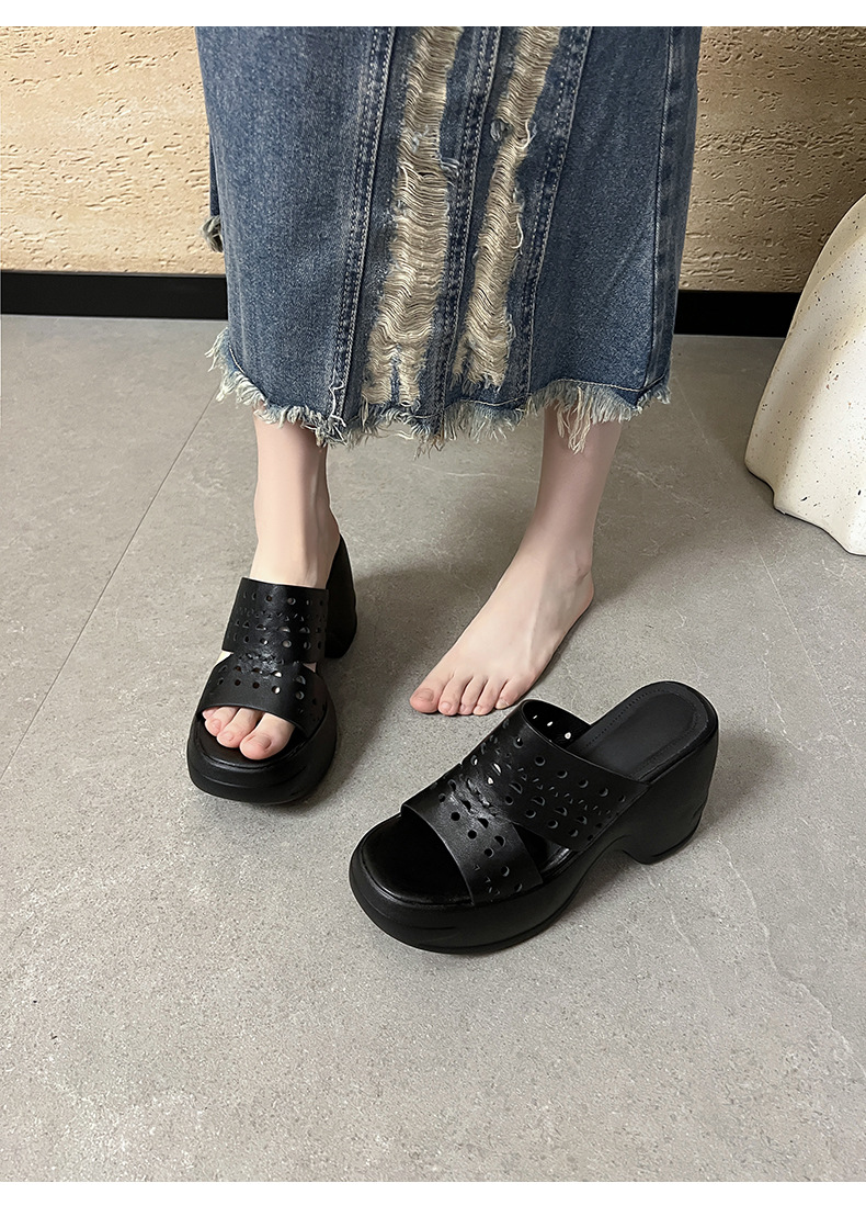 Sandal cao gót nữ hở mũi đế xuồng 10 cm, chất da bò thượng hạng, quai ngang thoáng khí — màu đen, màu trắng ngà chi tiết 9