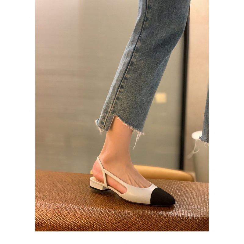 Grape Mom Same Style 2023 French Fairy Style Small Square Head Low Heel Baotou Back Empty Flat Shoes Sandals for Women in Summer