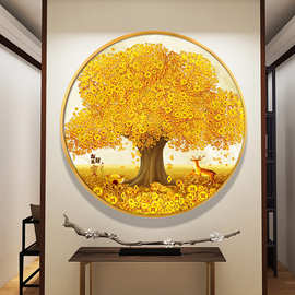 7MEM黄金满地发财树圆形装饰画玄关过道餐厅摇钱树晶瓷画现代