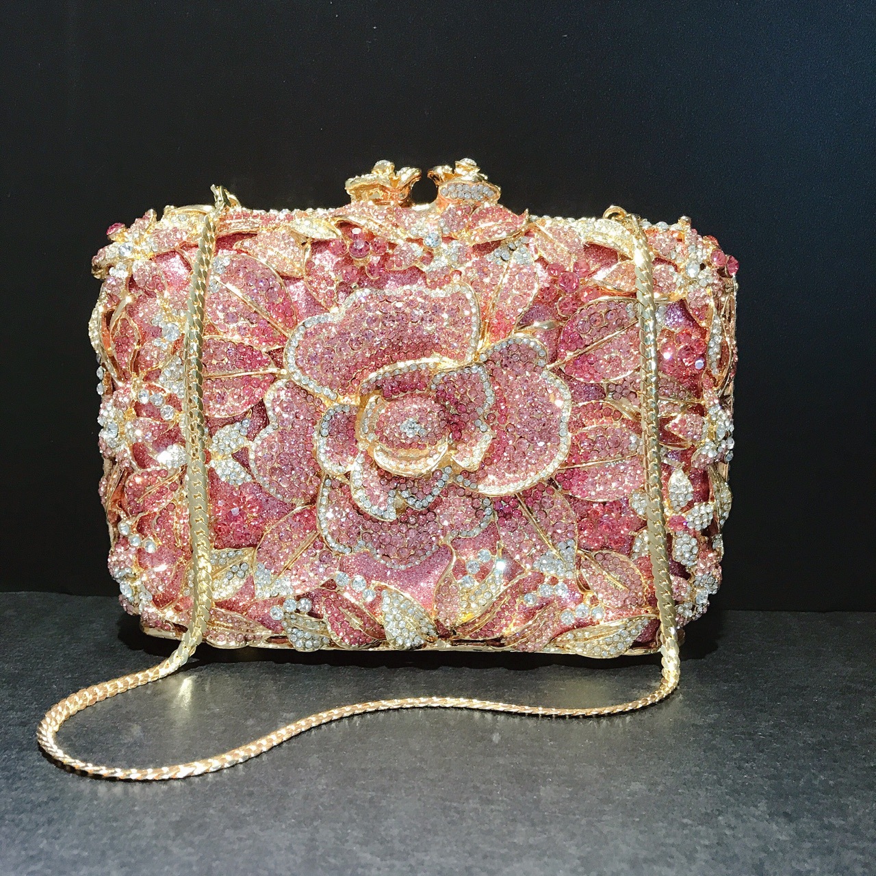 Túi clutch dạ hội nạm kim cương họa tiết hoa hồng rỗng cầm tay — Màu sâm panh chi tiết 6