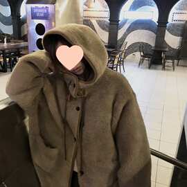 有货 韩国chic复古气质温暖皮毛一体连帽抽绳单排扣羊羔毛外套女