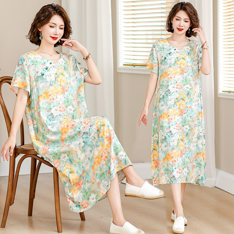 Large-size summer clothes middle-aged and elderly cotton silk dress under mother's floral 40-60 year old foreign-style loose knee-length skirt