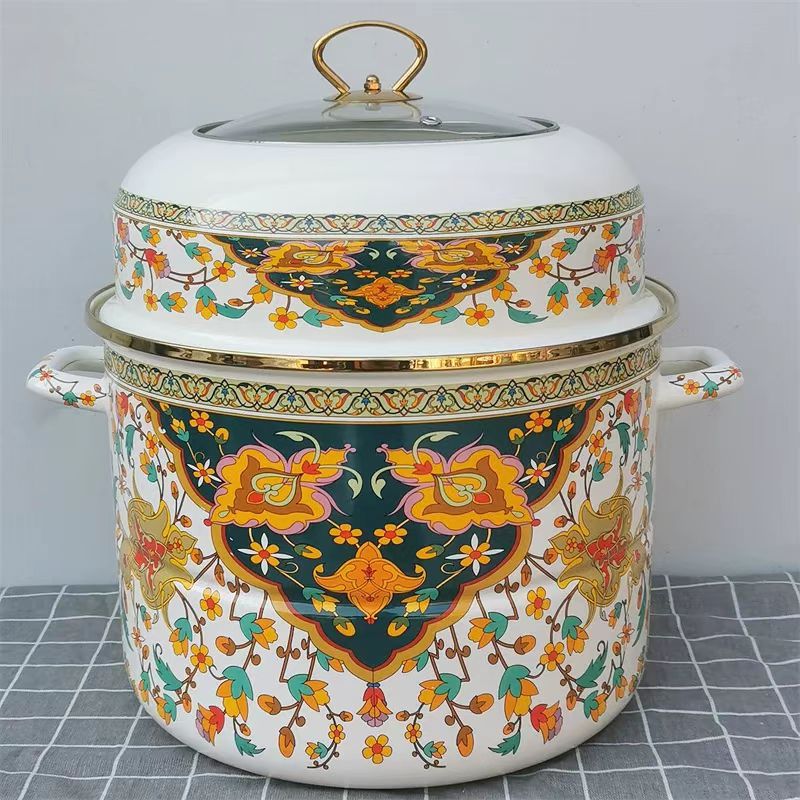 Thickened Enamel Pot, Enamel-Coated Pot, Soup Pot, Household Cooking Pot, Integrated Steaming Pot for Steaming Buns and Dumplings, Compatible with Gas and Induction Cookers