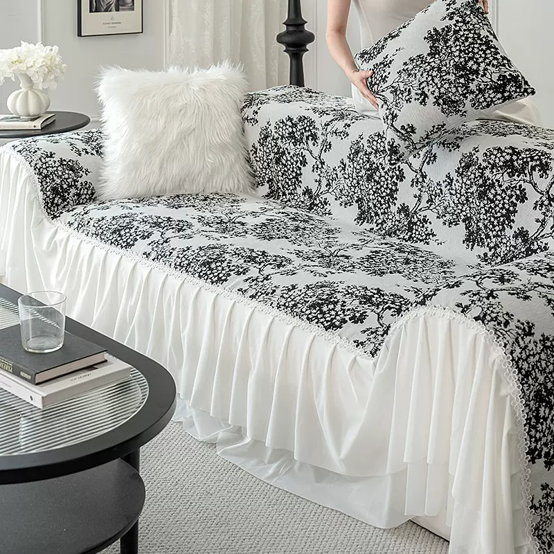 新款雪尼尔沙发盖巾提花黑白杨梅树沙发垫复古沙发套罩防滑坐垫子