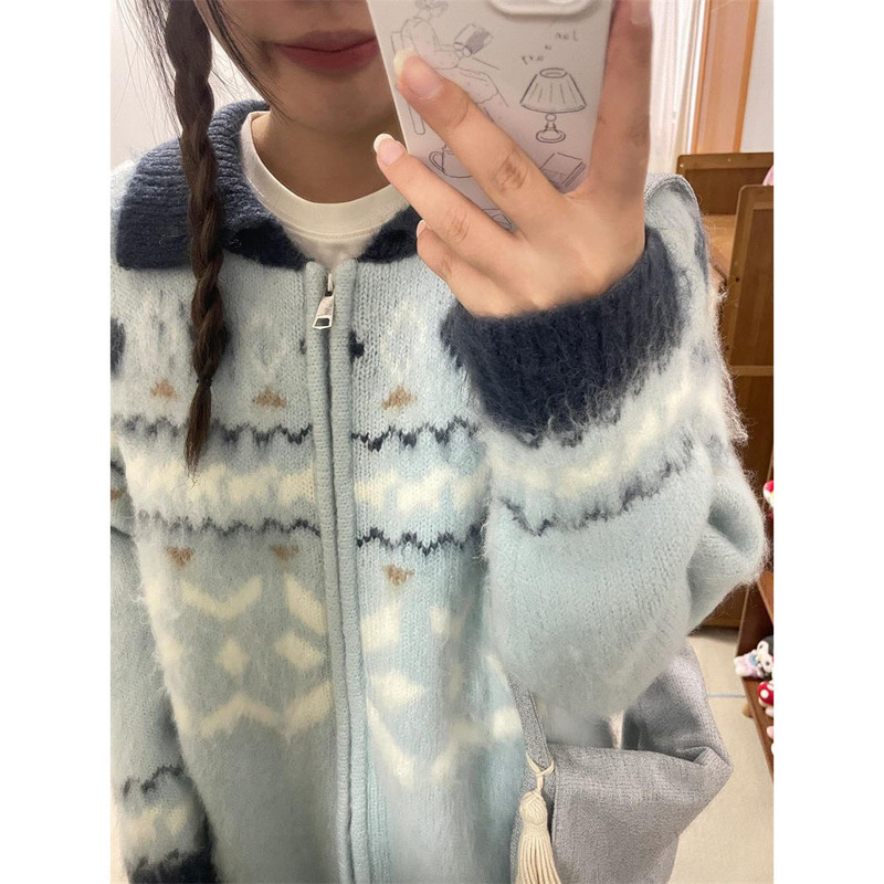 日系慵懒风软糯翻领拉链秋冬宽松费尔岛提花开衫毛衣针织衫外套女|undefined