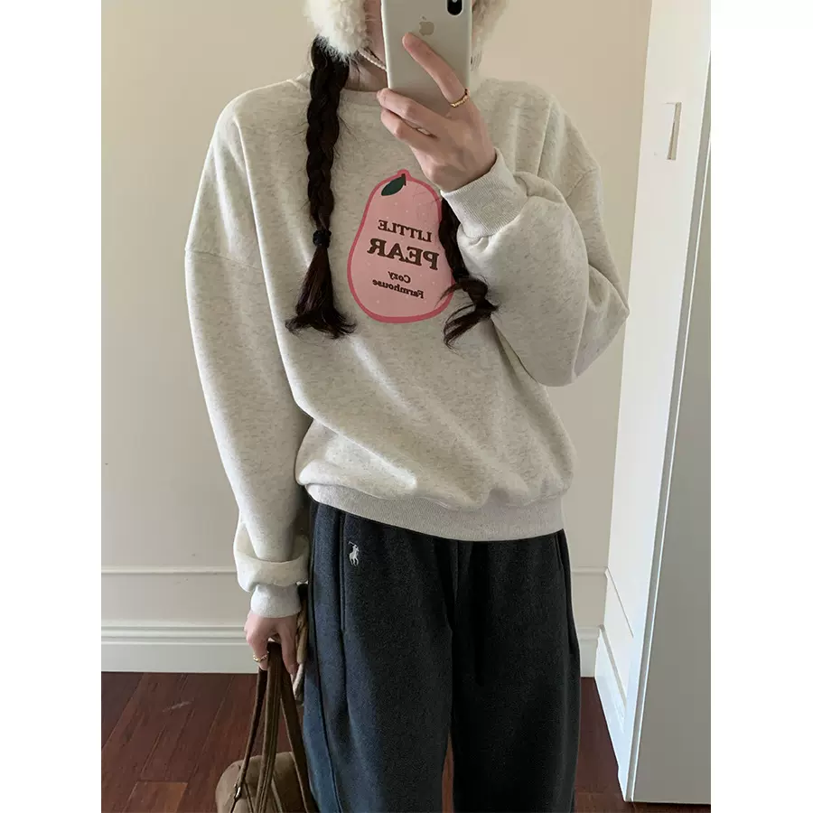 黄峥韩系梨形印花加绒卫衣女冬季休闲百搭保暖通勤长袖上衣541101