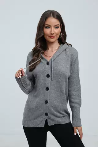 Women's Fashion Solid Colour Hooded Single-breasted Sweater - Grey - View 1