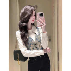 法式气质名媛白色假两件衬衫女2026春季新款独特漂亮提花拼接上衣