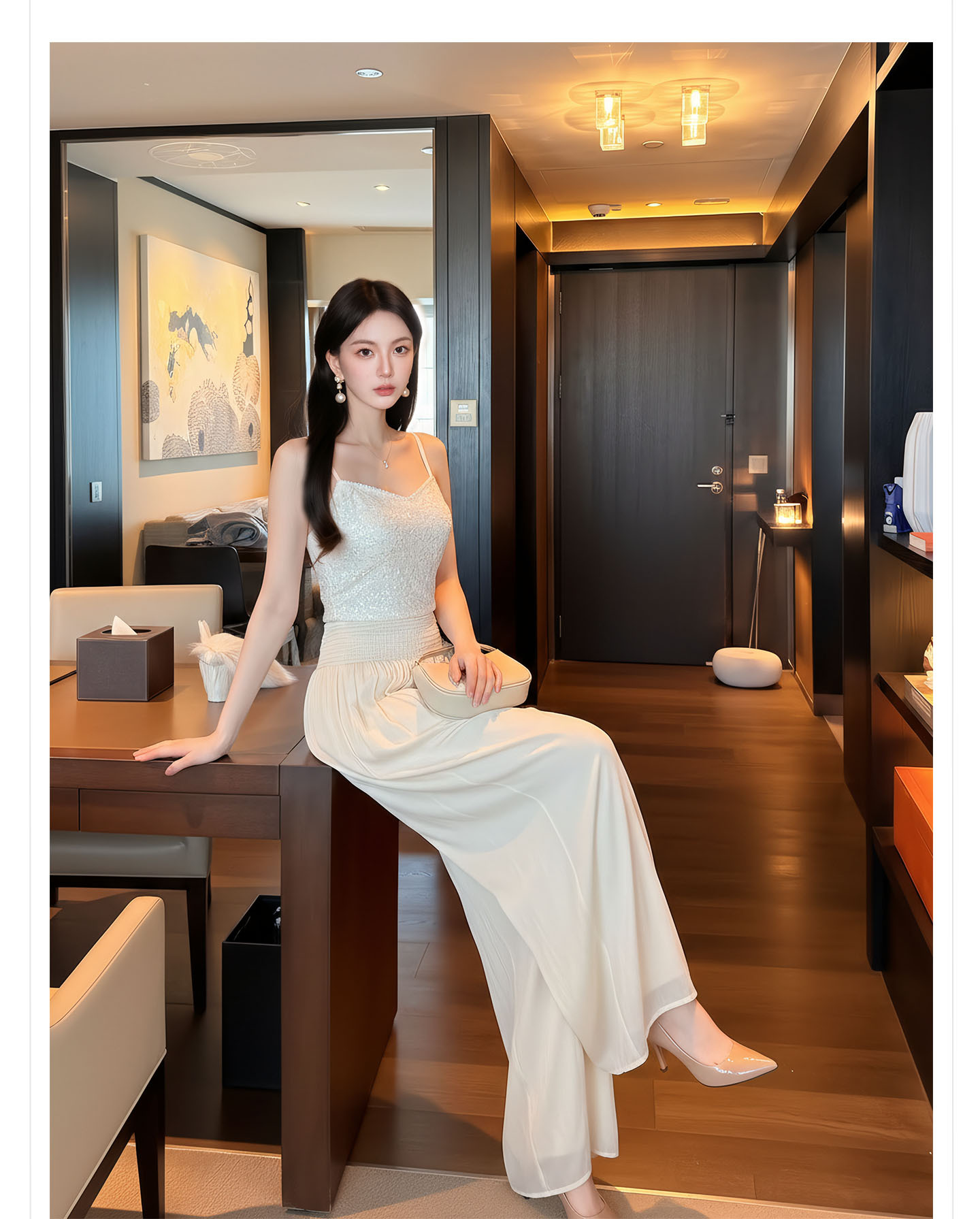 Bộ đầm maxi thắt eo phong cách quốc phong cao cấp — Gạo trắng Sling, bộ đồ, Quần dài màu hạnh chi tiết 3
