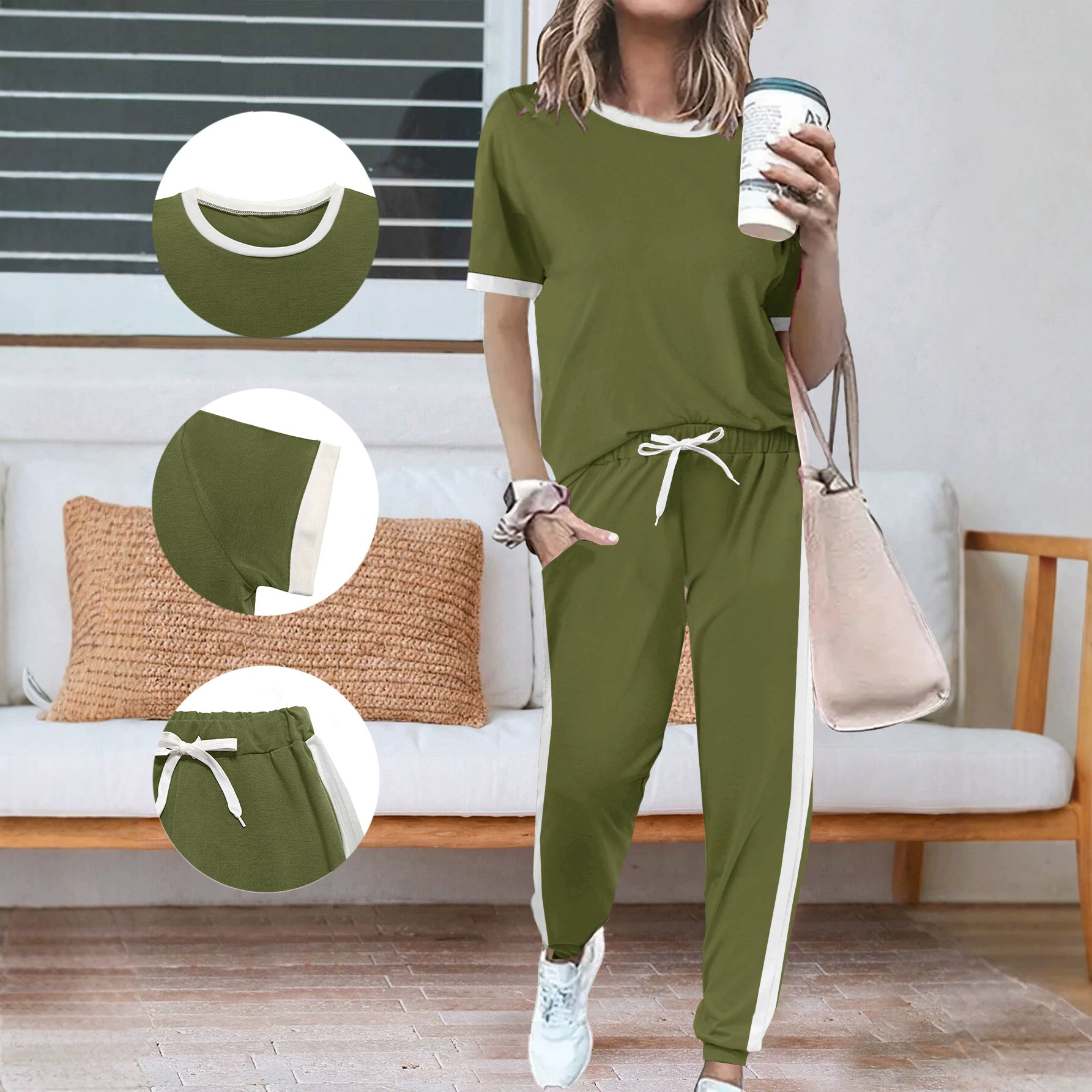 Women's Summer Two Piece Set European American Style round Neck Short Sleeve Top with Trousers_ecoleips.com