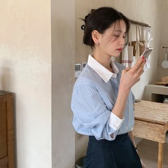法式设计感小众蓝色条纹撞色翻领长袖衬衫女士通勤款衬衣宽松上衣