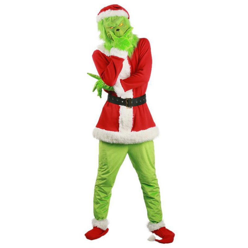 欧米のクリスマス服の成人の子供のタイプの緑の毛の奇妙なグリーン奇の服装のマスクの頭はパーティーの服装をかぶせます。|undefined