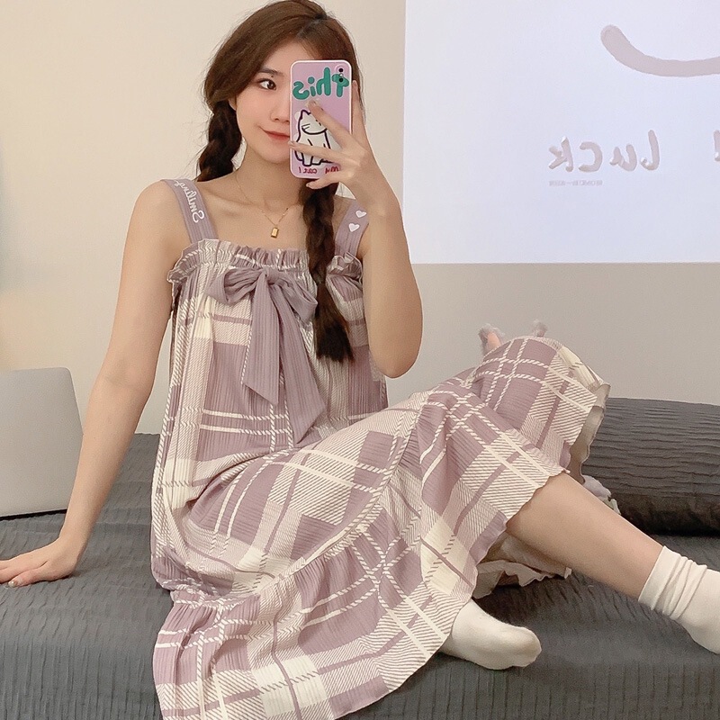 Cotton Pajamas for Women Summer Thin Cute and Sweet Suspender Nightgown Cartoon Casual Student Home Clothes Loose Fairy Style