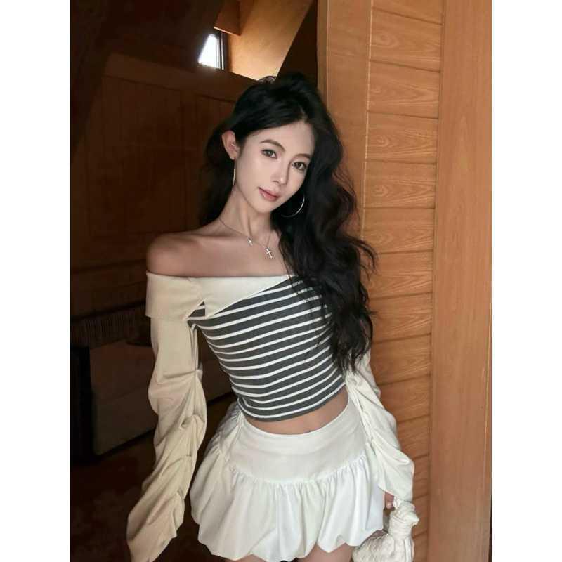 实拍辣妹一字肩条纹拼接撞色短款泡泡袖前后两穿T恤显瘦上衣蓝色|undefined