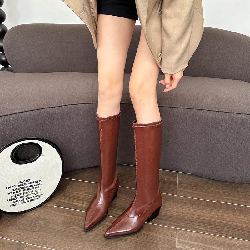 Autumn and Winter Boots, Knee-High Boots, Thick Heels, Pointed Toe Fashion Boots, Chimney Western Cowboy Knight Boots