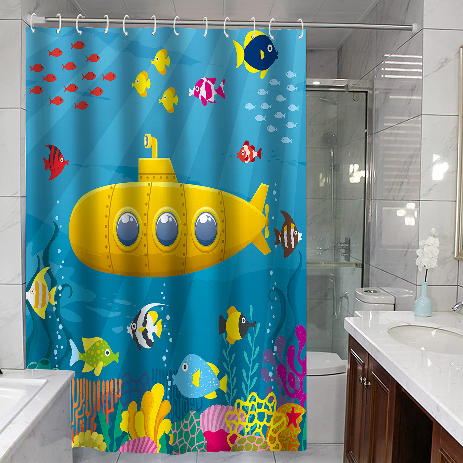 Animation Cartoon Marine Animal Children's Bathroom Shower Curtain Home Waterproof Mildew-proof Shower Curtain Bathroom Partition Shower Curtain