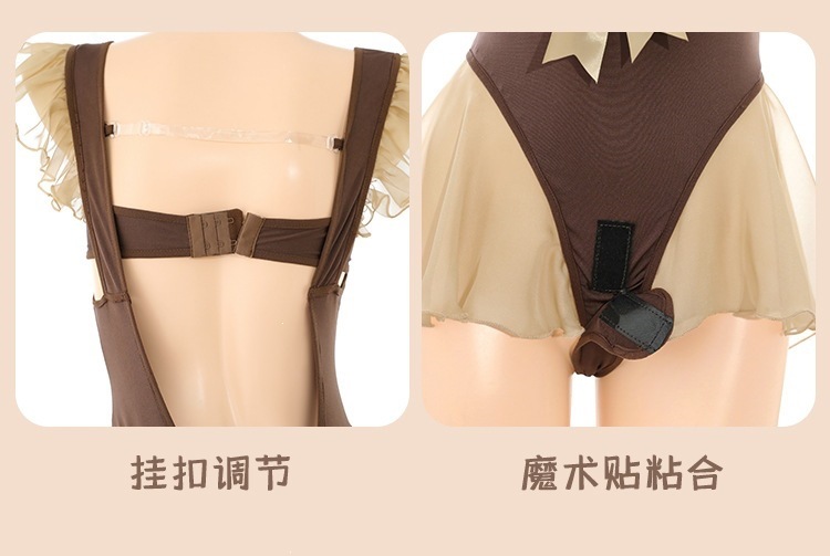 Feimu Caramel Milk Bear Lace Bodysuit with Bow, Open Crotch and White Stockings — detail image 15