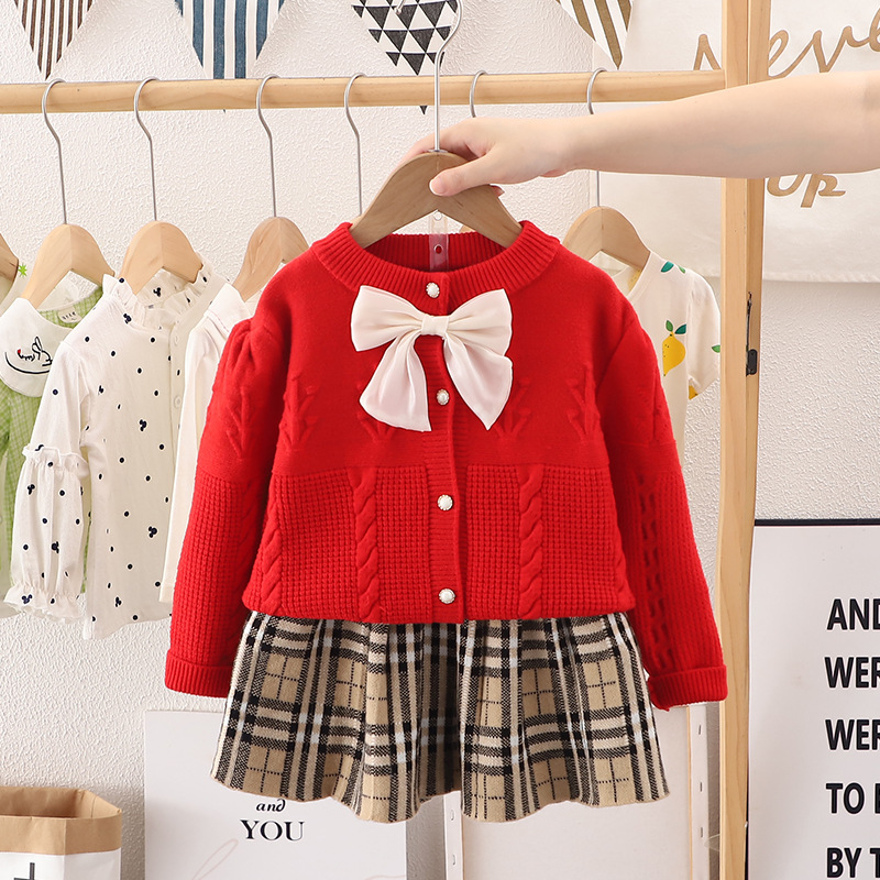 2023 neue kinder frauen Schatz Pullover Mädchen Gestrickte Bogen Rock Zwei Stück Set Modische_voghion.com