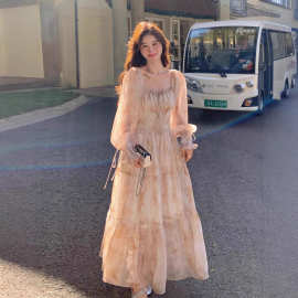 法式印花雪纺连衣裙女2025春秋新款温柔气质显瘦绝美爆款仙女长裙