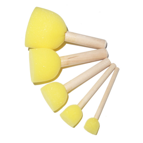 5 Pieces of Early Education DIY Kindergarten Painting Tools Manufacturer Wholesale Paint Brushes, Round Wooden Handle Sponge Brushes