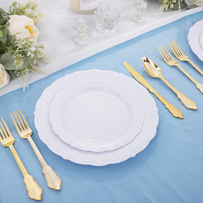 17-Piece Set of Disposable Dinner Plates, White Embossed Plates, Wine Glasses, Golden Cutlery, Forks, Spoons, Lace Plates, Plastic Cross-Border 17-Piece Set of Disposable Dinner Plates, White Embossed Plates, Wine Glasses, Golden Cutlery, Forks, Spoons, Lace Plates, Plastic Cross-Border