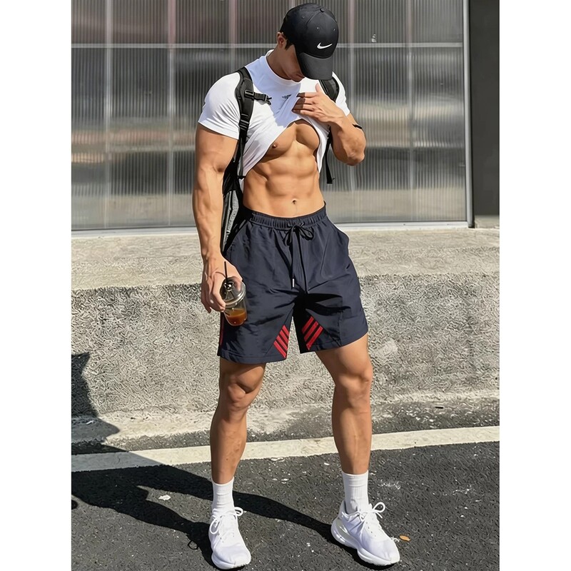 Men's Summer Sports Shorts with Three Red Stripes on the Side, Quick-Dry Running Training Shorts, American High Street Style, Quarter-Length Pants Men's Summer Sports Shorts with Three Red Stripes on the Side, Quick-Dry Running Training Shorts, American High Street Style, Quarter-Length Pants