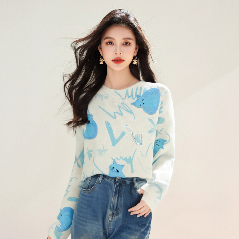R9050主播货源设计感猫咪印花钉珠软糯套头毛衣女慵马海毛衣外贸|undefined