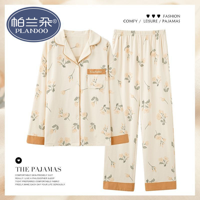 Pijama de algodón femenino primavera y otoño mangas largas dulces y sueltas grande otoño y invierno conjunto de ropa para el hogar