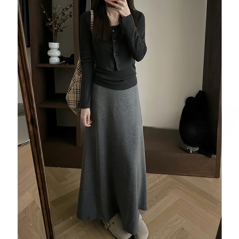 GraceChic Gray 2024 Sirena per donna, autunno e inverno versatile ed elegante A-line aderente snellente gonna midi in maglia, gonna lunga_voghion.com