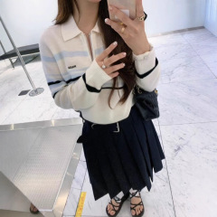 现 pouch半拉链条纹polo针织衫韩国东大门女装 100羊毛韩系毛衣