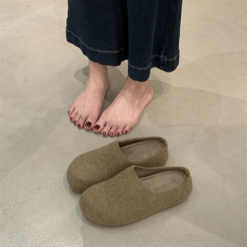 厚底呢子面勃肯鞋一脚蹬半托单鞋女鞋子2025秋冬包头半拖鞋博肯鞋|undefined
