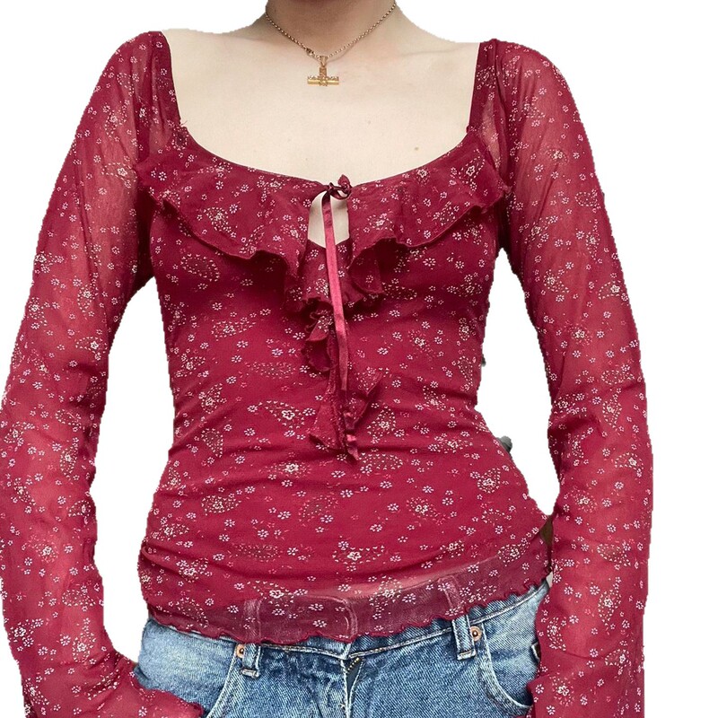 法式甜美少女浪漫碎花方领荷叶边镂空系带T恤时尚百搭休闲上衣秋|undefined