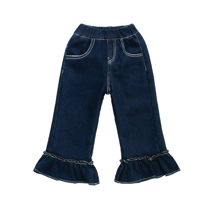 소녀 기모 청바지 가을 겨울 2024 새로운 어린이 겨울 원피스 벨벳 바지  의 서양식 플래 팬츠