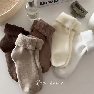 Socks for Women in Autumn and Winter Thickeneded Terry Pure Color Fleece-Lined Mid-Tube Confinement Socks Home Warm Floor Socks Sleep Pile Socks
